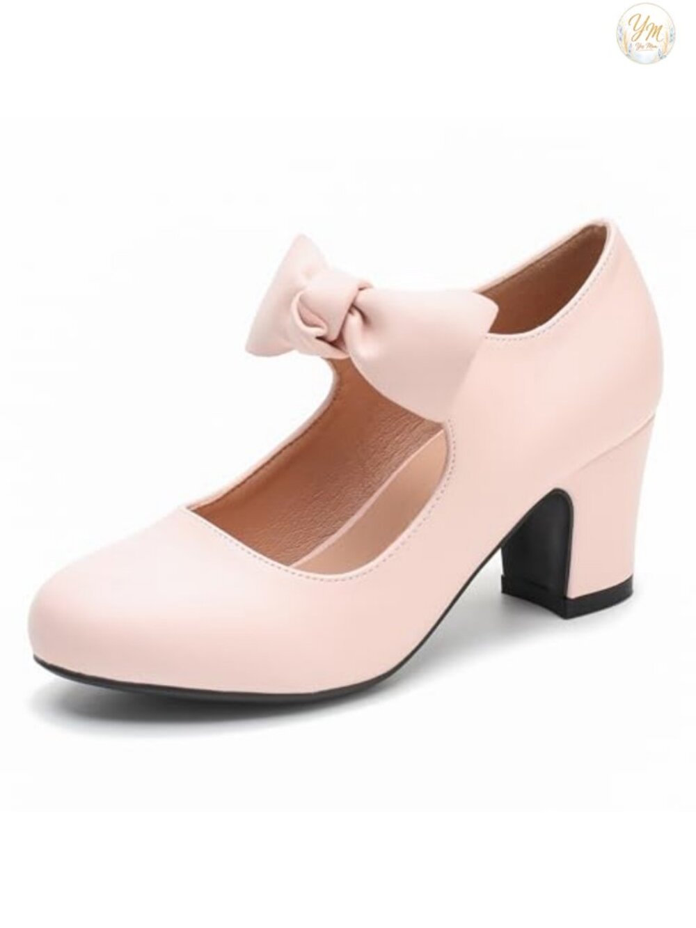 Women's Bow Mary Jane Block Heel Pumps Round Toe Dress Shoes